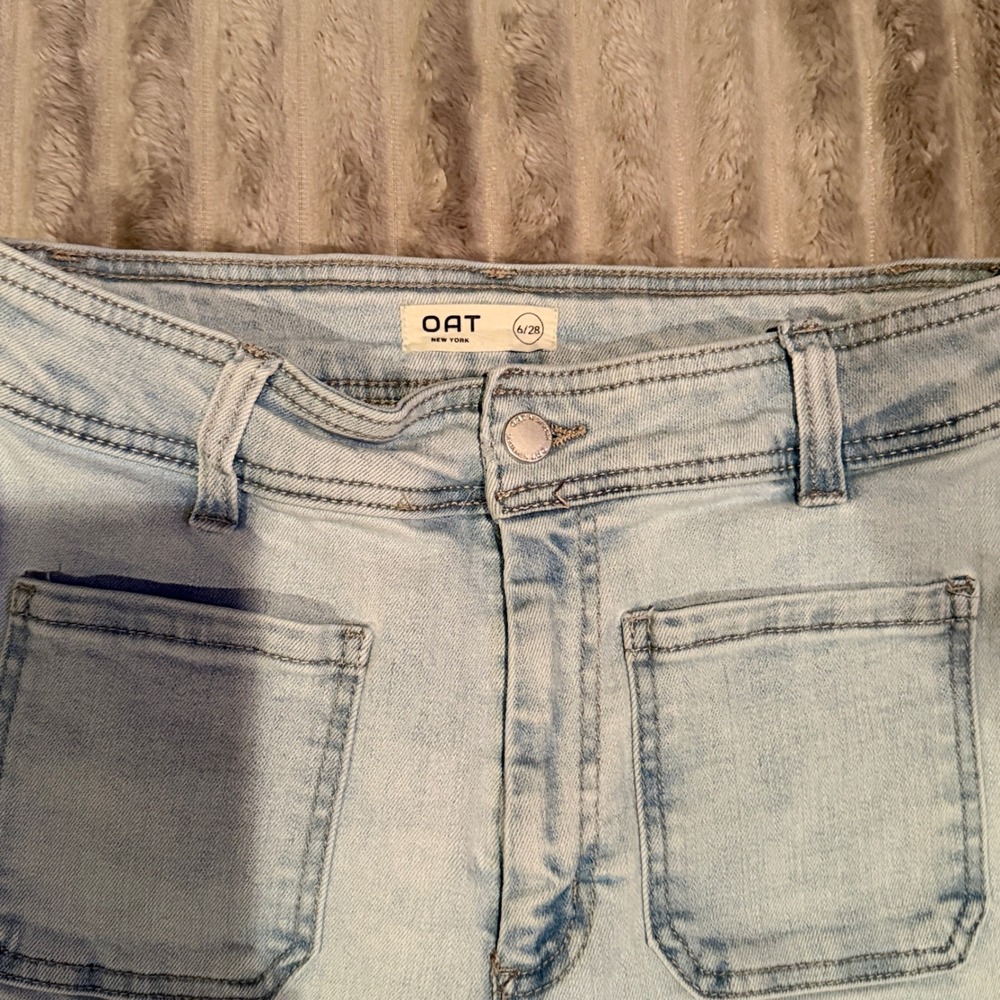 OAT New York High Rise Wide Leg Jeans Light Wash Raw Hem Patch Pockets Size 6/28 - Picture 3 of 8
